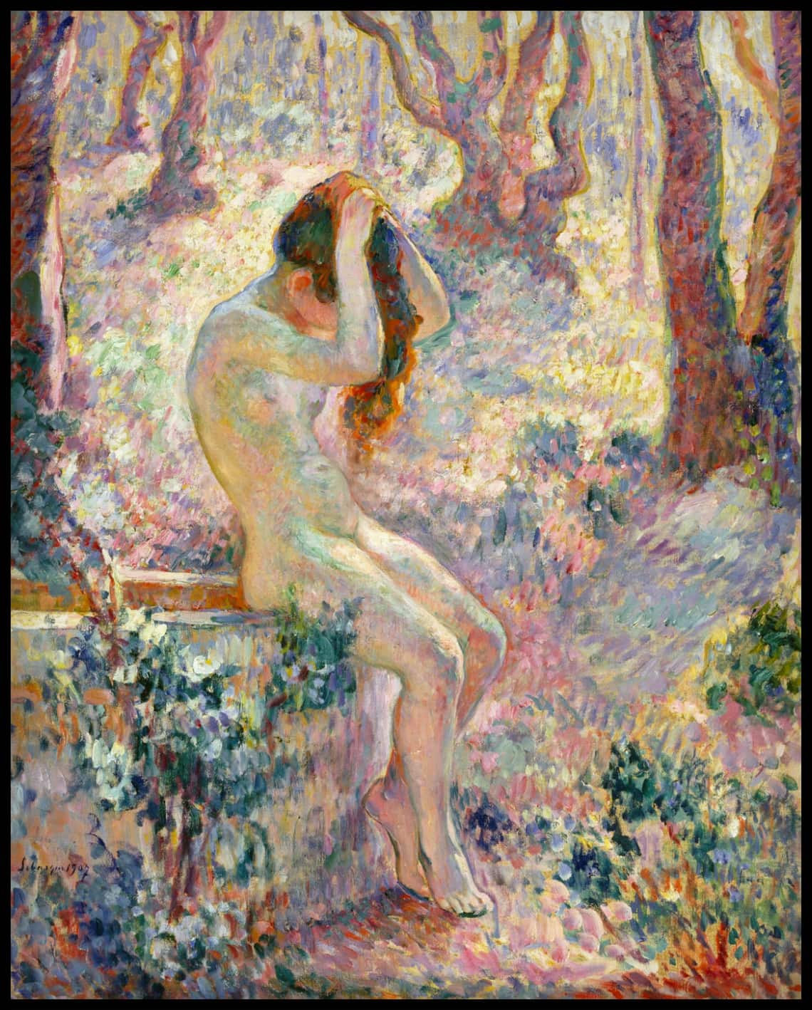 Jeune femme nue assise au bord d'un puits