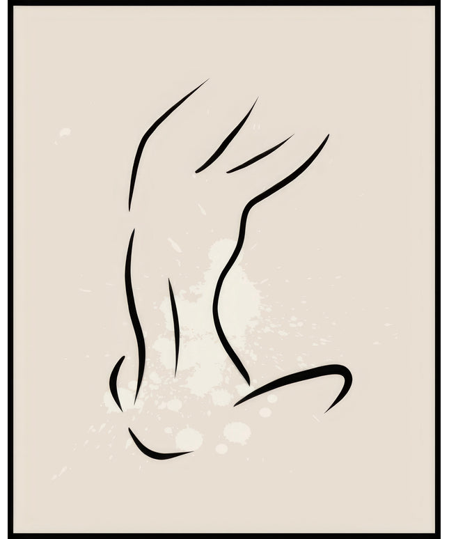 Ein Poster zeigt eine abstrakte Linienzeichnung einer weiblichen Figur von hinten auf beigem Hintergrund.
