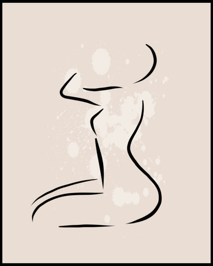 Ein Poster zeigt eine abstrakte Linienzeichnung einer weiblichen Figur in Seitenansicht auf beigem Hintergrund.