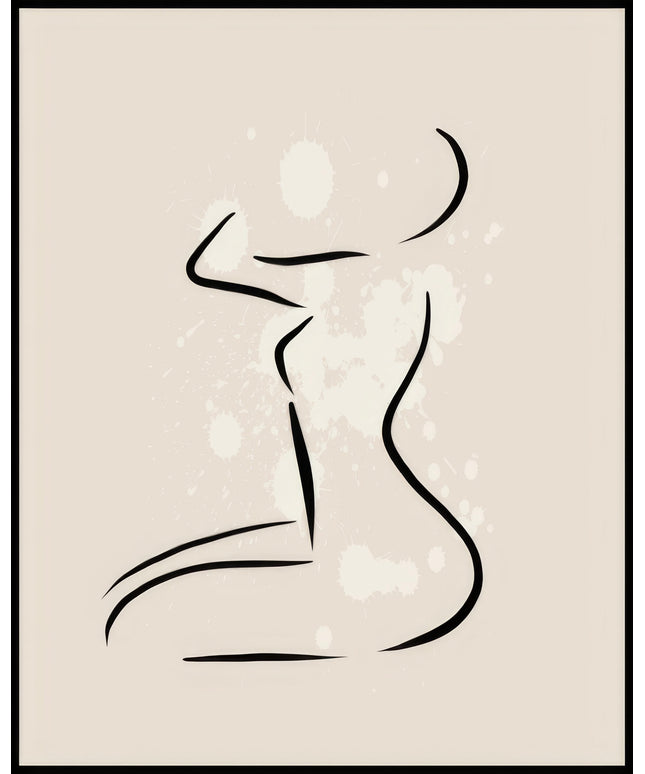 Ein Poster zeigt eine abstrakte Linienzeichnung einer weiblichen Figur in Seitenansicht auf beigem Hintergrund.