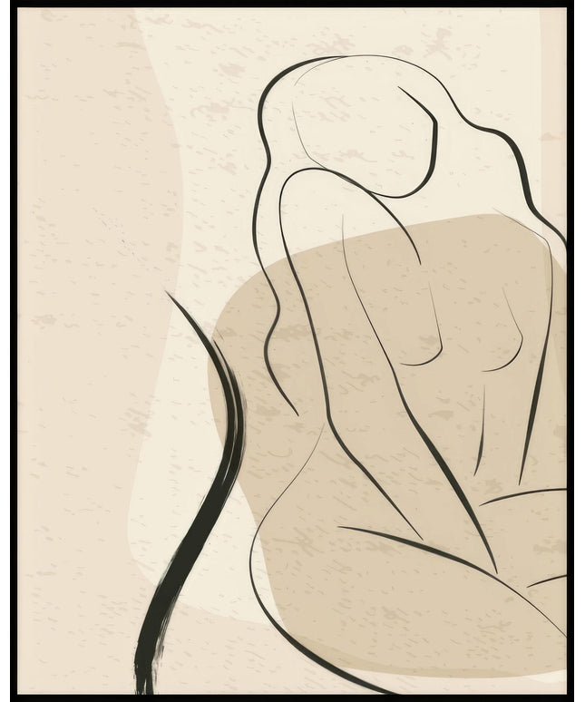 Ein Poster von einer minimalistischen Zeichnung eines sitzenden, weiblichen Körpers in abstrakten Linien und sanften Erdtönen.