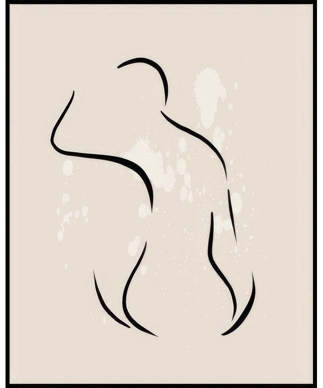 Ein Poster mit einer minimalistischen, abstrakten Linienzeichnung einer weiblichen Figur auf beigem Hintergrund.
