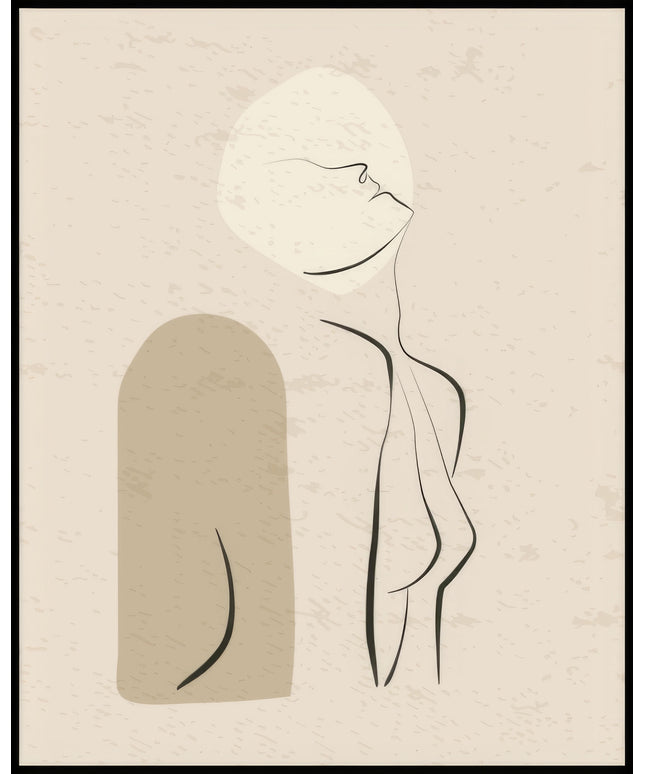 Ein Poster von einer minimalistischen Linienzeichnung einer Frau mit einem abstrakten Hintergrund in Beige und Braun.