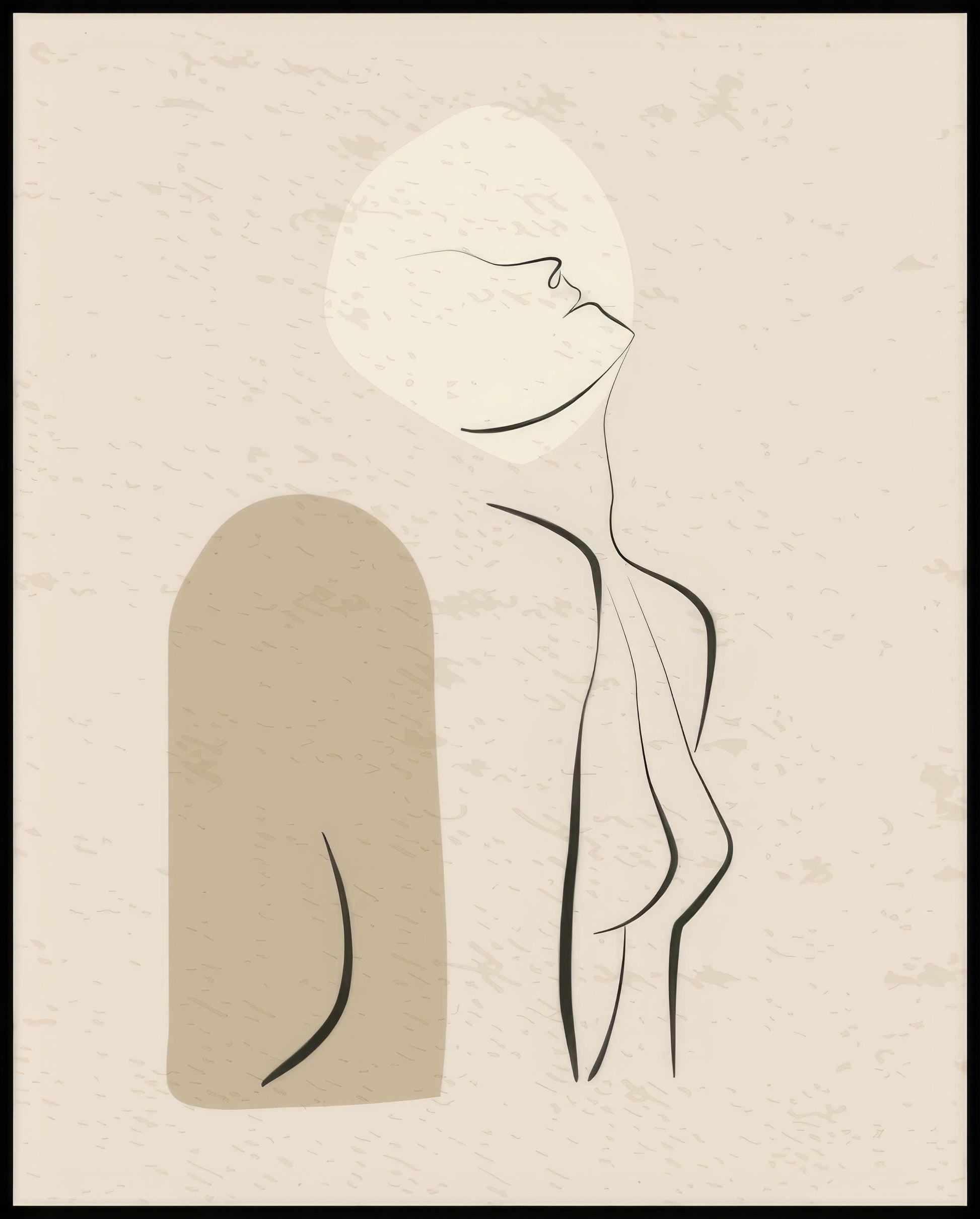 Ein Poster von einer minimalistischen Linienzeichnung einer Frau mit einem abstrakten Hintergrund in Beige und Braun.