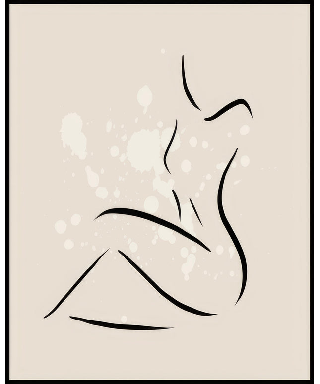 Ein Poster von einer minimalistischen Linienzeichnung einer sitzenden Frau auf einem beigen Hintergrund mit Farbspritzern.