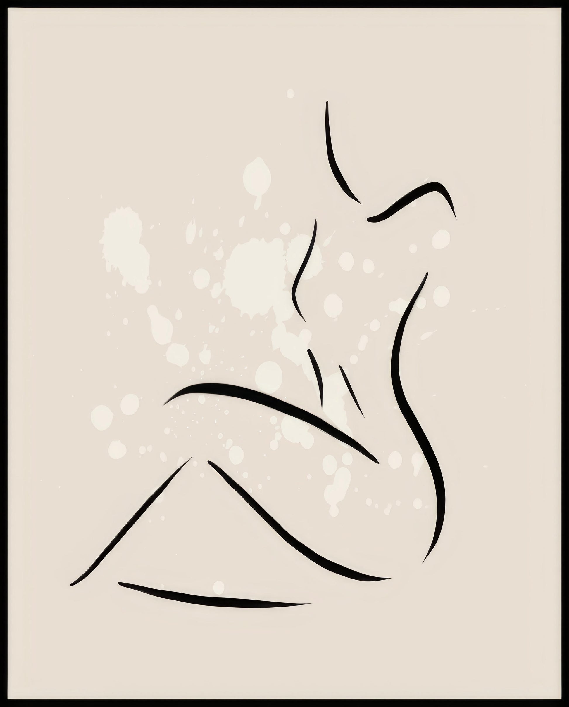 Ein Poster von einer minimalistischen Linienzeichnung einer sitzenden Frau auf einem beigen Hintergrund mit Farbspritzern.