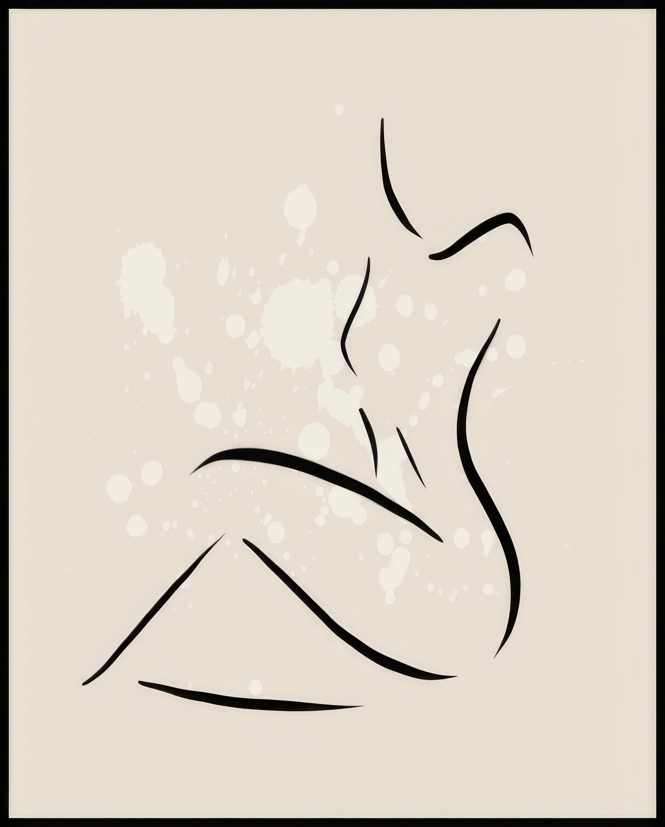 Ein Poster von einer minimalistischen Linienzeichnung einer sitzenden Frau auf einem beigen Hintergrund mit Farbspritzern.