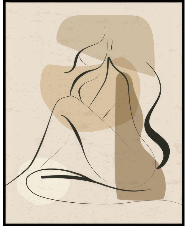Ein Poster von einer minimalistische Illustration einer sitzenden Frau mit schwarzen Linien und beige Farbblöcken.