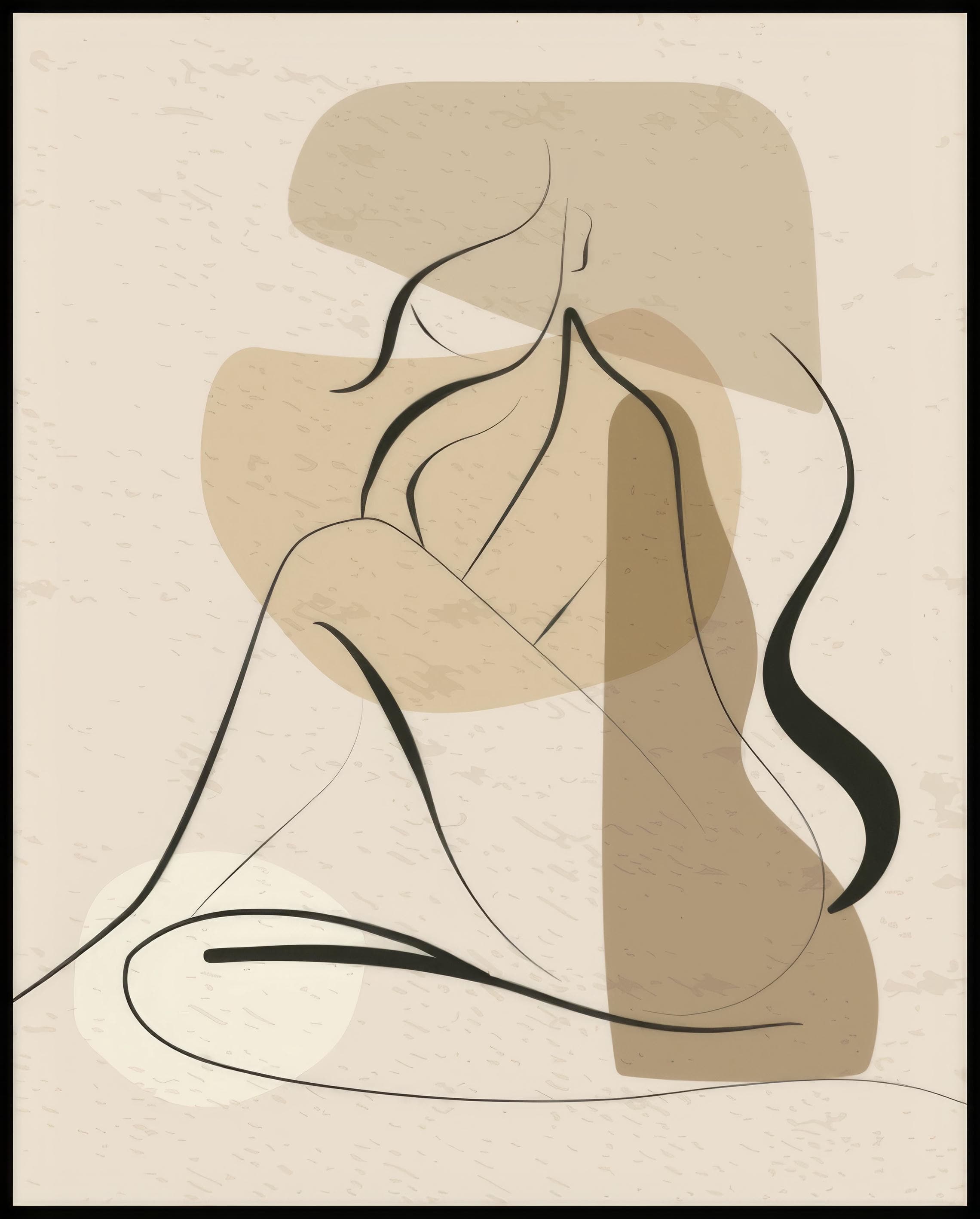 Ein Poster von einer minimalistische Illustration einer sitzenden Frau mit schwarzen Linien und beige Farbblöcken.