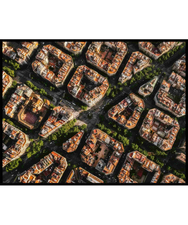Ein Poster von einer Luftaufnahme der Innenstadt von Barcelona.