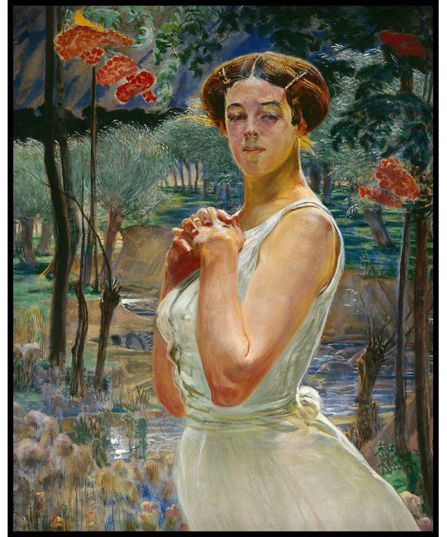 Portrait of a woman against a rowanberry grove