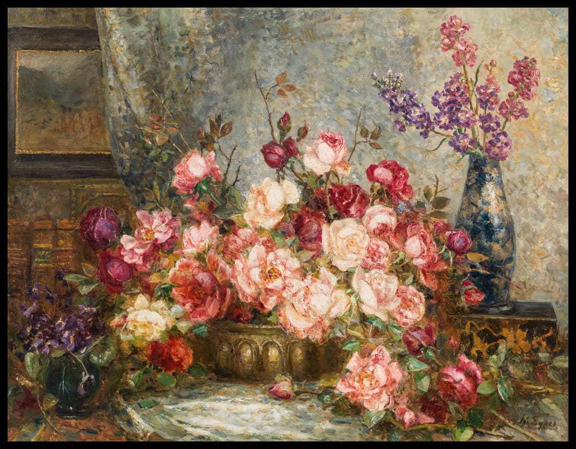 Grande nature morte aux fleurs avec rose