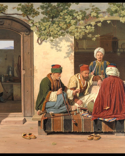 A party of chess players outside a Turkish coffeehouse and barbershop