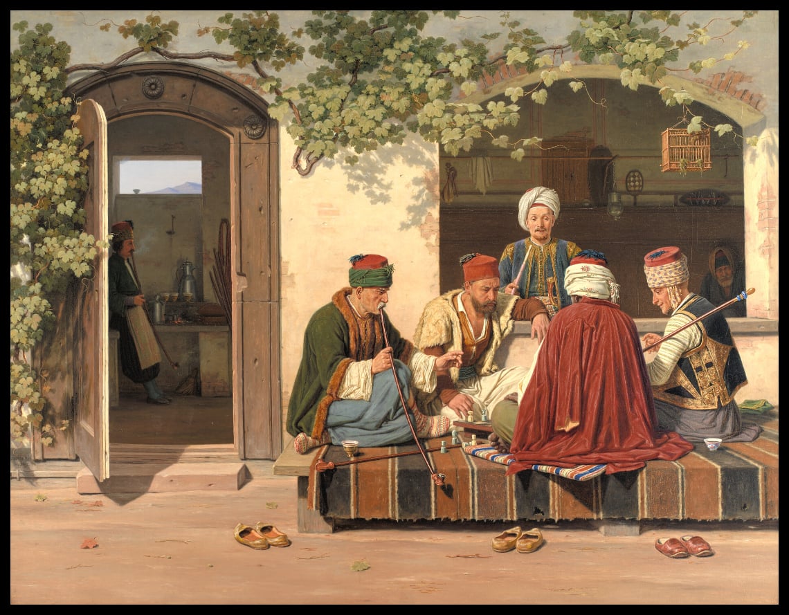A party of chess players outside a Turkish coffeehouse and barbershop