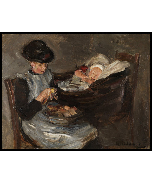 Mädchen aus Laren beim Kartoffelschälen mit schlafendem Kind im Korb