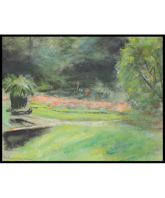 Wannseegarten, Blick auf die Terrasse mit Blumenbeeten und Pflanzenkübel links