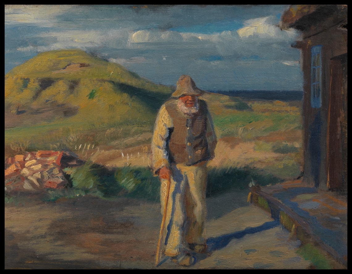 A Blind Man Outside his House