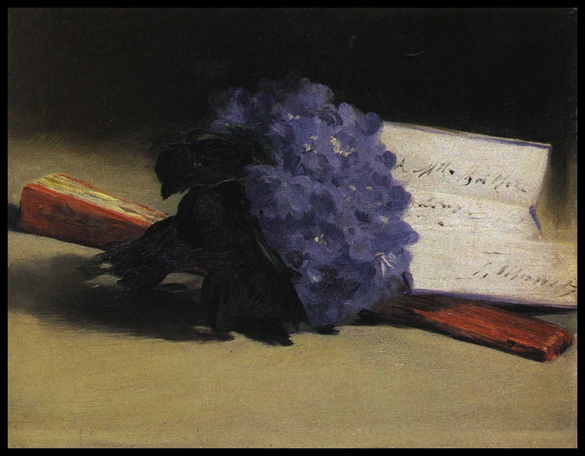 Bouquet de violettes et éventail