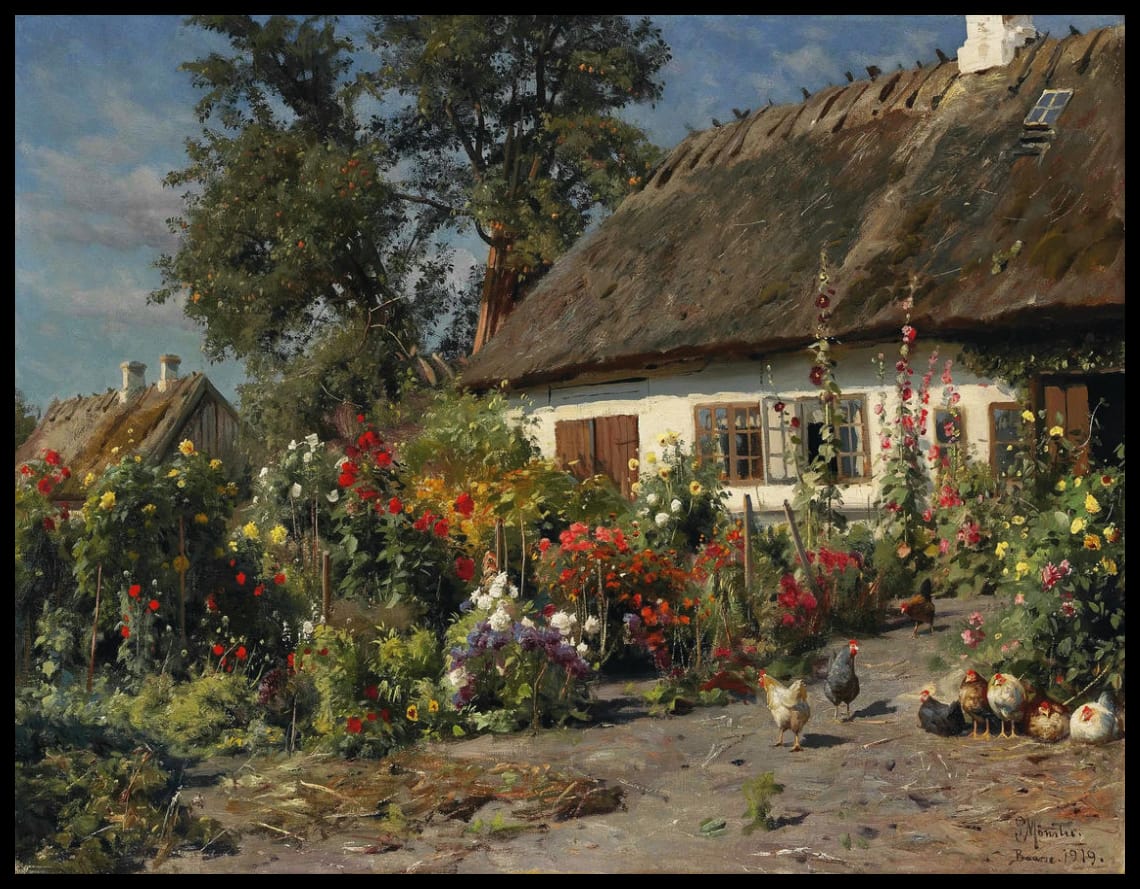 Un jardin de campagne avec des poules