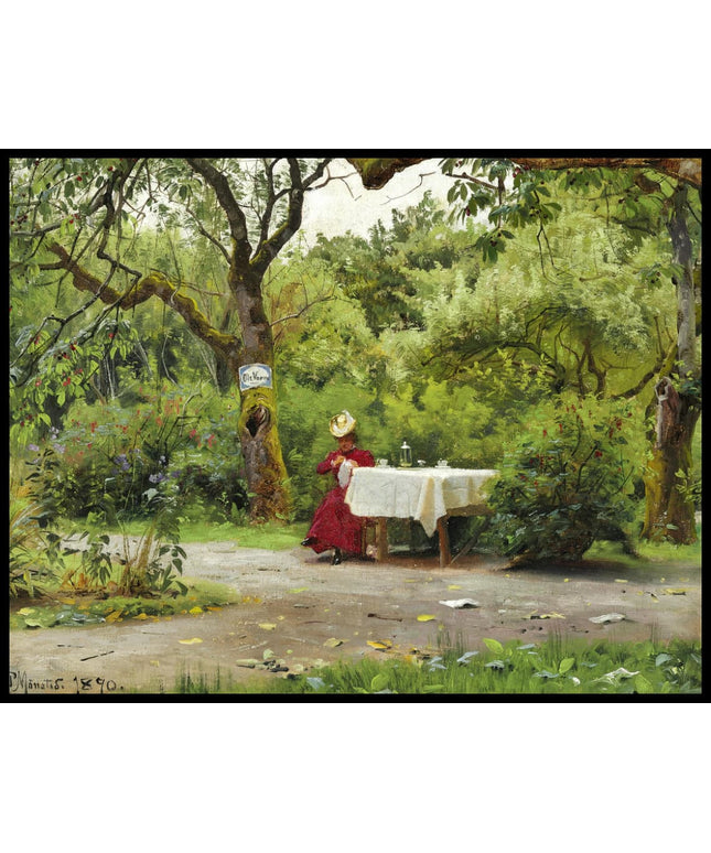 Gartenansicht mit eleganter Dame