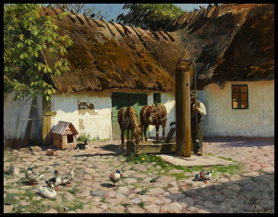 Horses at the farm fountain