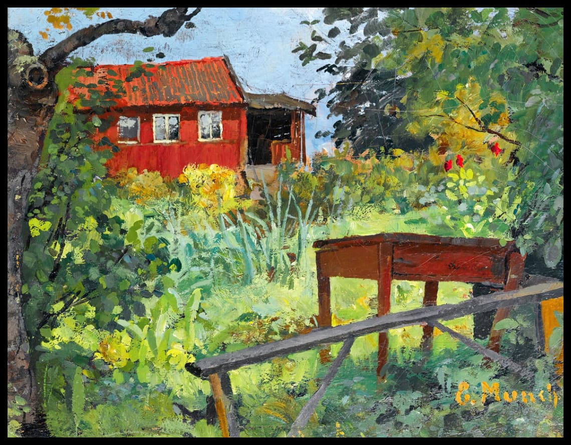 Jardin avec une maison rouge