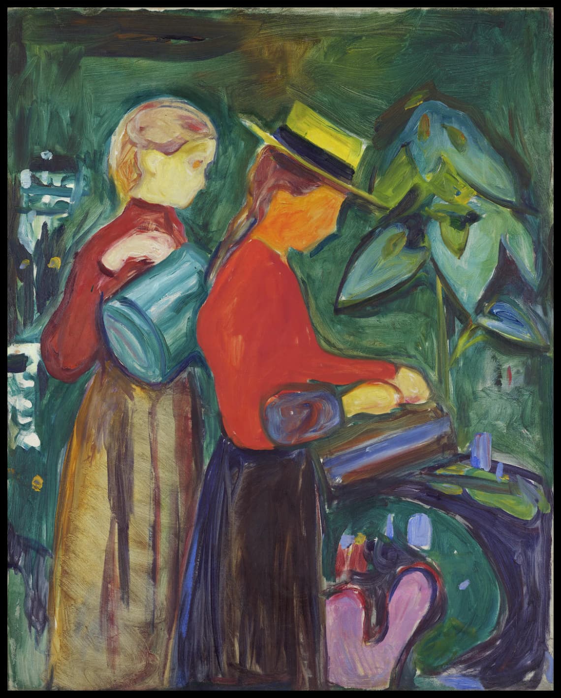 Fillette arrosant des fleurs