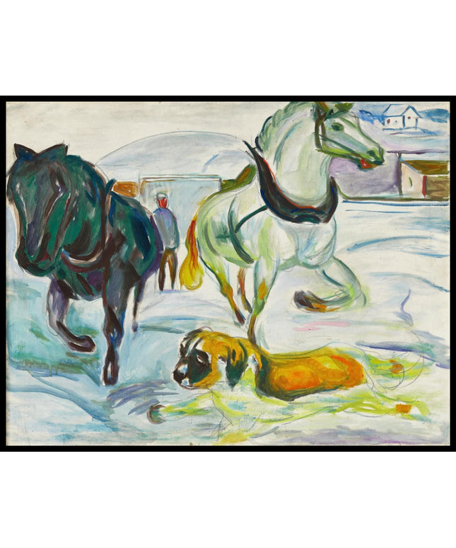 Horse Team and a St. Bernhard in the Snow