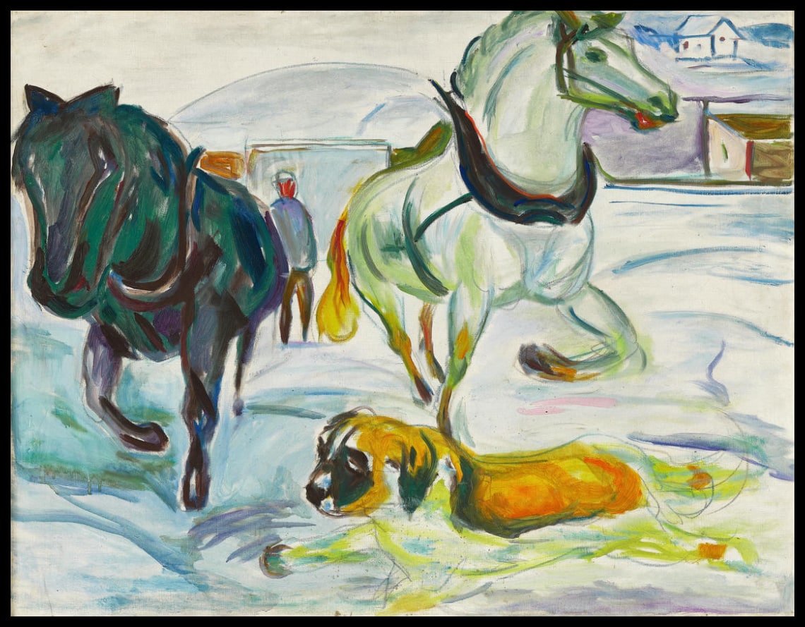 Horse Team et un Saint-Bernard dans la neige
