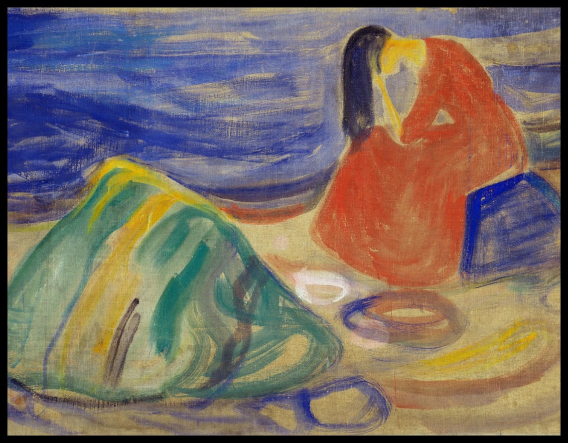 La mélancolie. Femme qui pleure sur la plage