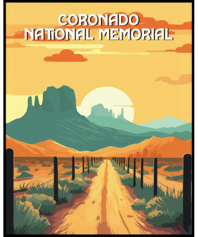 Ein Poster des Coronado National Memorials, das einen langen, staubigen Weg zeigt, der durch eine weite Wüstenlandschaft zu fernen Bergen führt.