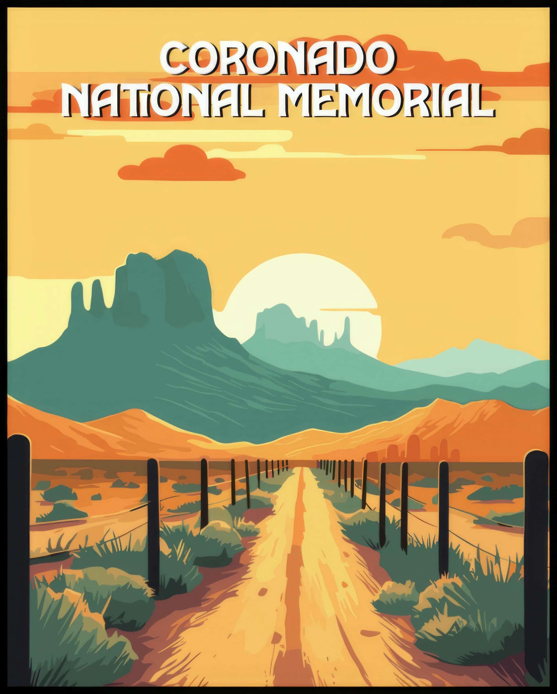 Ein Poster des Coronado National Memorials, das einen langen, staubigen Weg zeigt, der durch eine weite Wüstenlandschaft zu fernen Bergen führt.