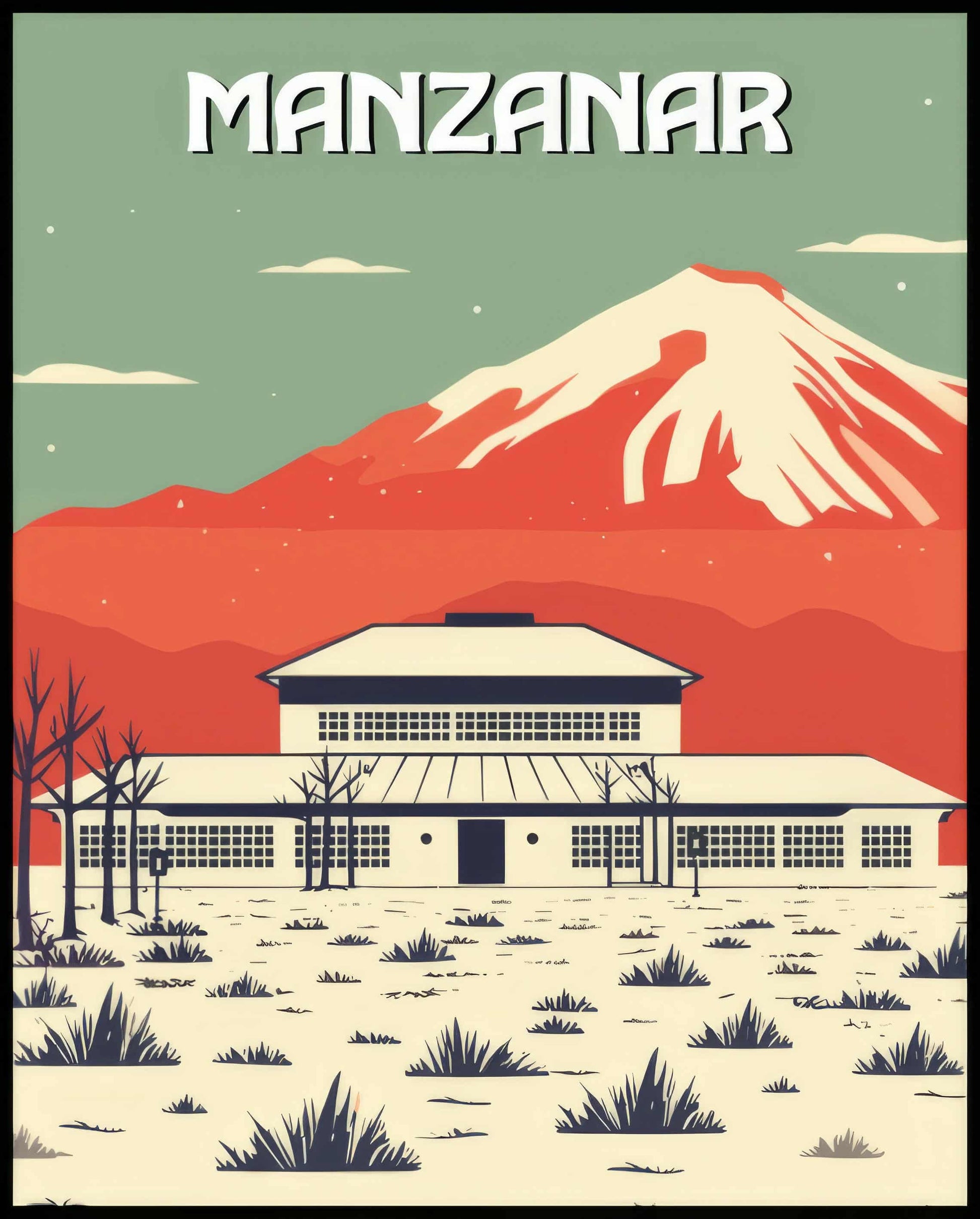 Ein Poster von einer stilisierten Darstellung des Manzanar National Memorial mit einem Berg im Hintergrund.