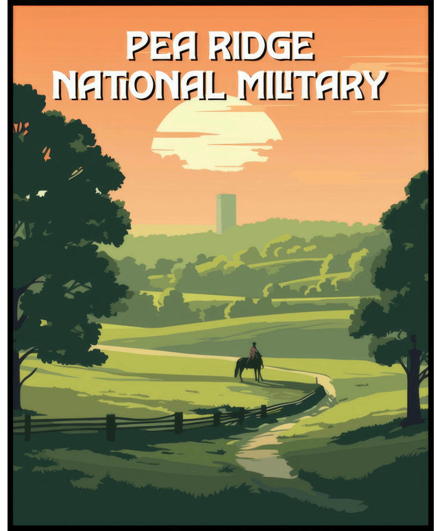 Ein Poster des Pea Ridge National Military Parks, das eine ländliche Szene mit einem Reiter auf einem Pfad bei Sonnenuntergang zeigt.