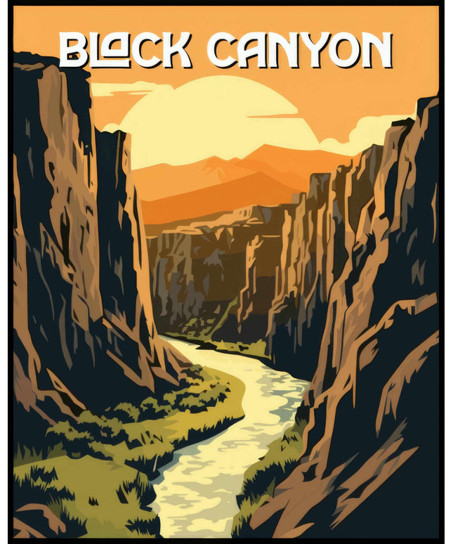 Ein Poster vom Black Canyon Nationalpark, das eine dramatische Schlucht bei Sonnenuntergang zeigt.