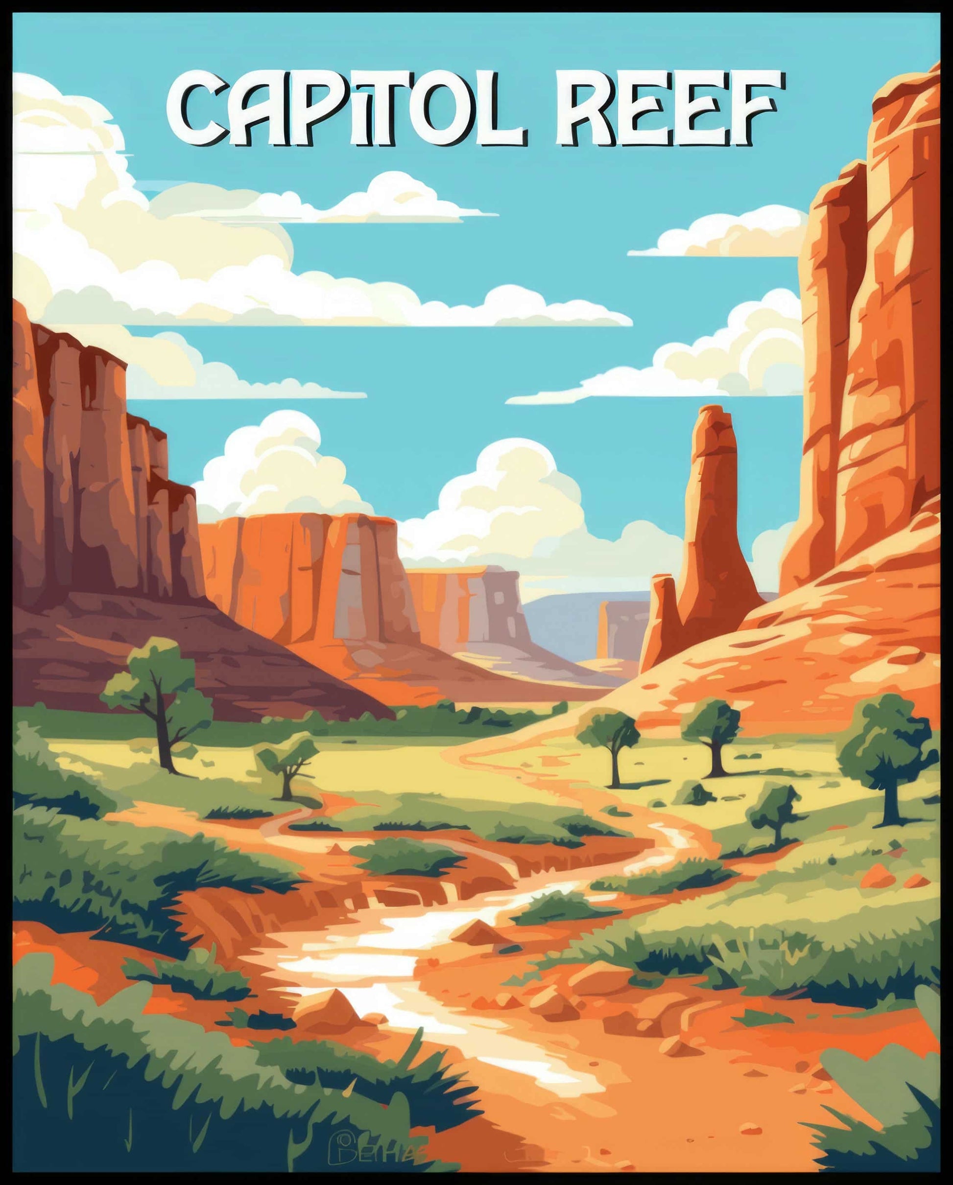 Ein Poster vom Capitol Reef Nationalpark, das eine weite Wüstenlandschaft mit hohen roten Felsen zeigt.