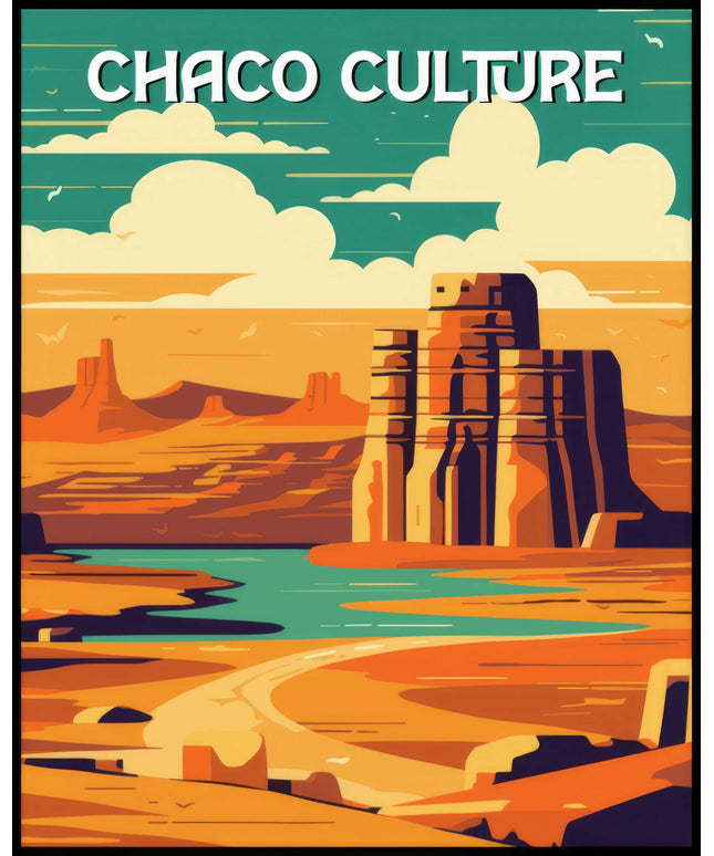 Ein Poster des Chaco Culture Nationalparks, das einen markanten Felsen in einer weiten, orangefarbenen Wüstenlandschaft zeigt.