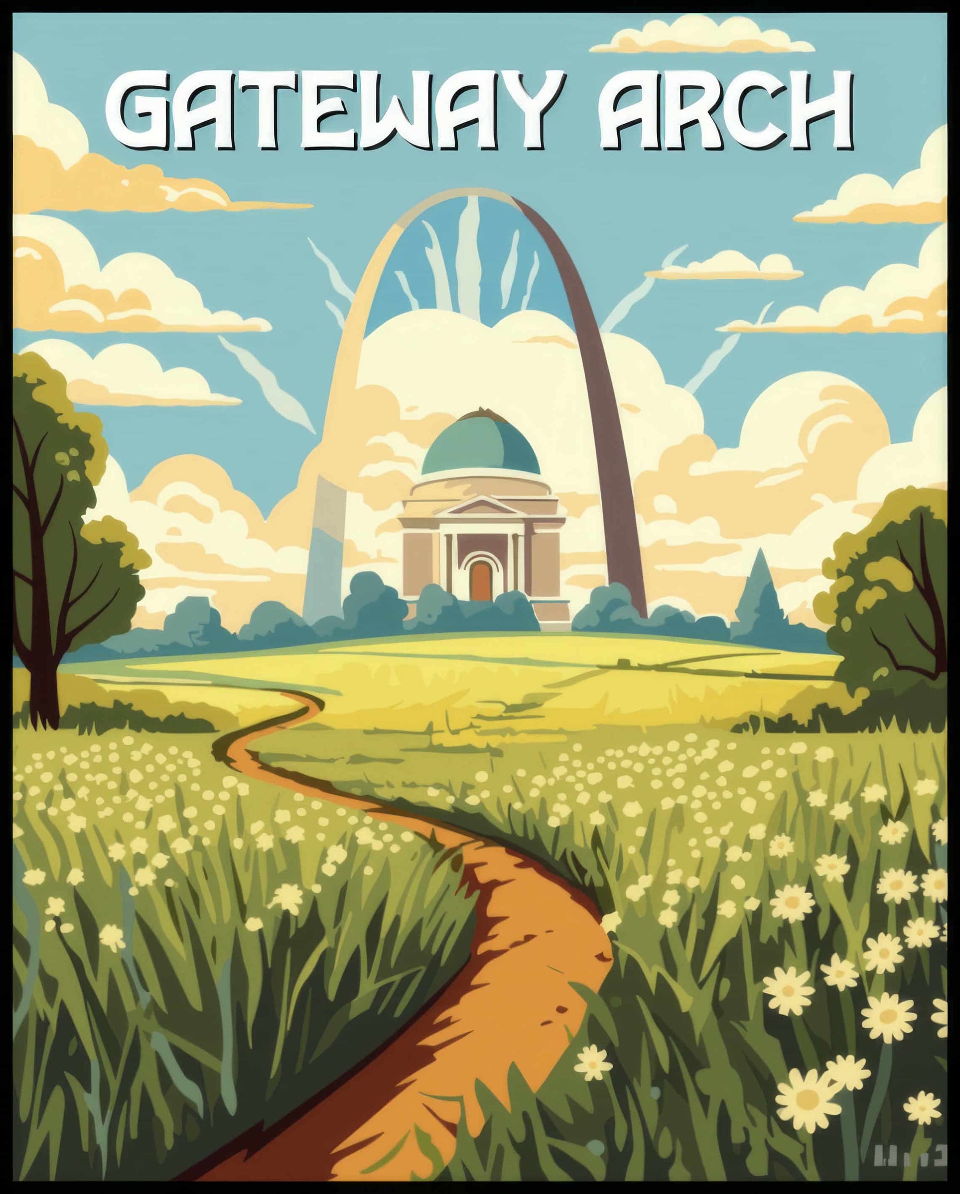 Ein Poster von einer grünen Wiese mit dem Gateway Arch im Hintergrund, einem berühmten Wahrzeichen im Gateway Arch-Nationalpark.