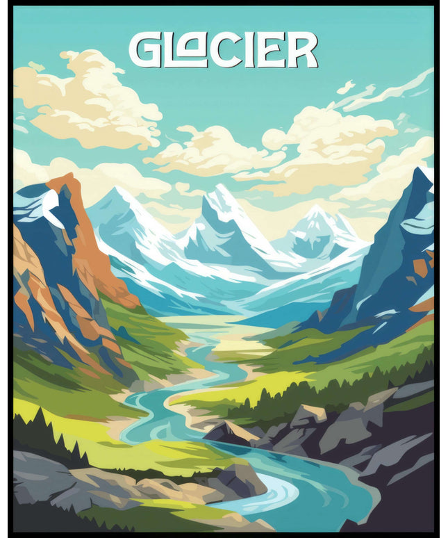 Ein Poster vom Glacier Nationalpark, das eine atemberaubende Berglandschaft mit einem gewundenen Fluss zeigt.
