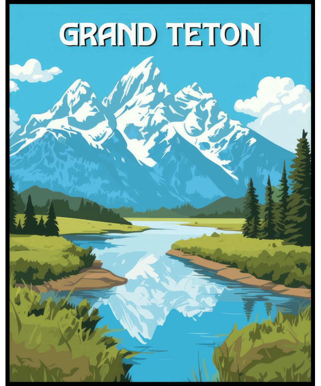 Ein Poster vom Grand Teton Nationalpark zeigt schneebedeckte Berge, die sich in einem klaren See spiegeln.