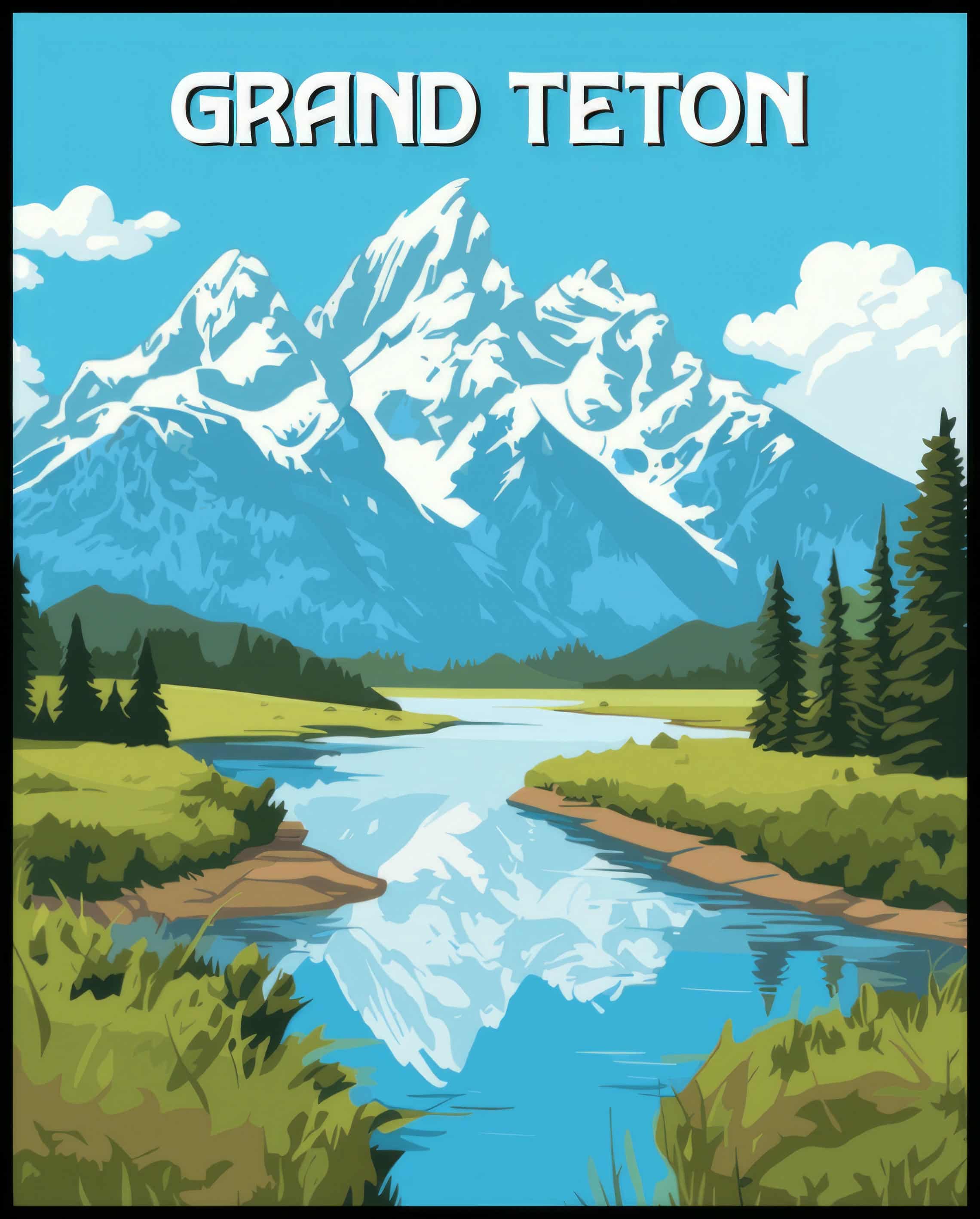 Ein Poster vom Grand Teton Nationalpark zeigt schneebedeckte Berge, die sich in einem klaren See spiegeln.