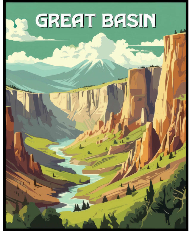 Ein Poster von Great Basin Nationalpark zeigt eine beeindruckende Schlucht mit einem Fluss, der sich durch die Landschaft windet.