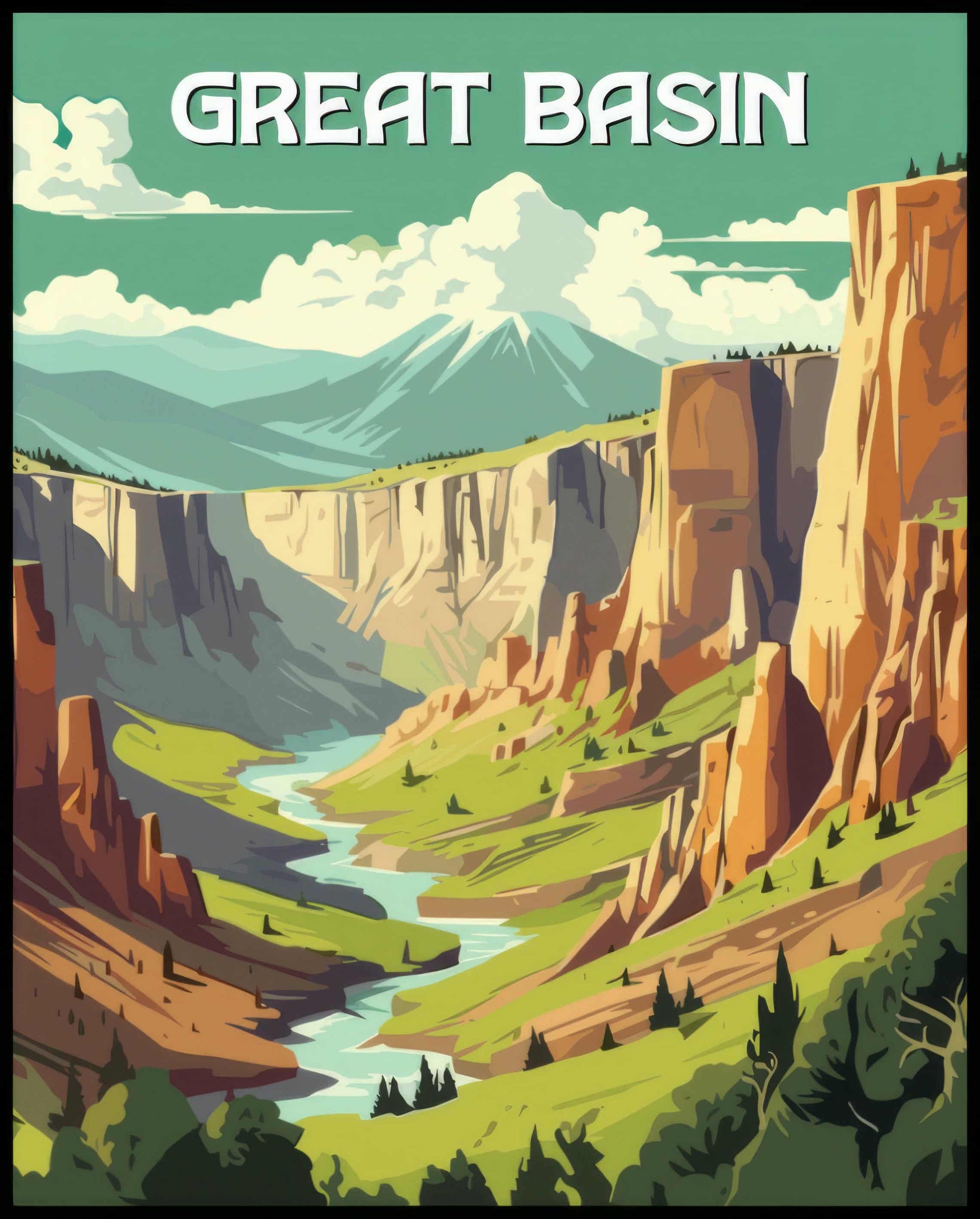 Ein Poster von Great Basin Nationalpark zeigt eine beeindruckende Schlucht mit einem Fluss, der sich durch die Landschaft windet.