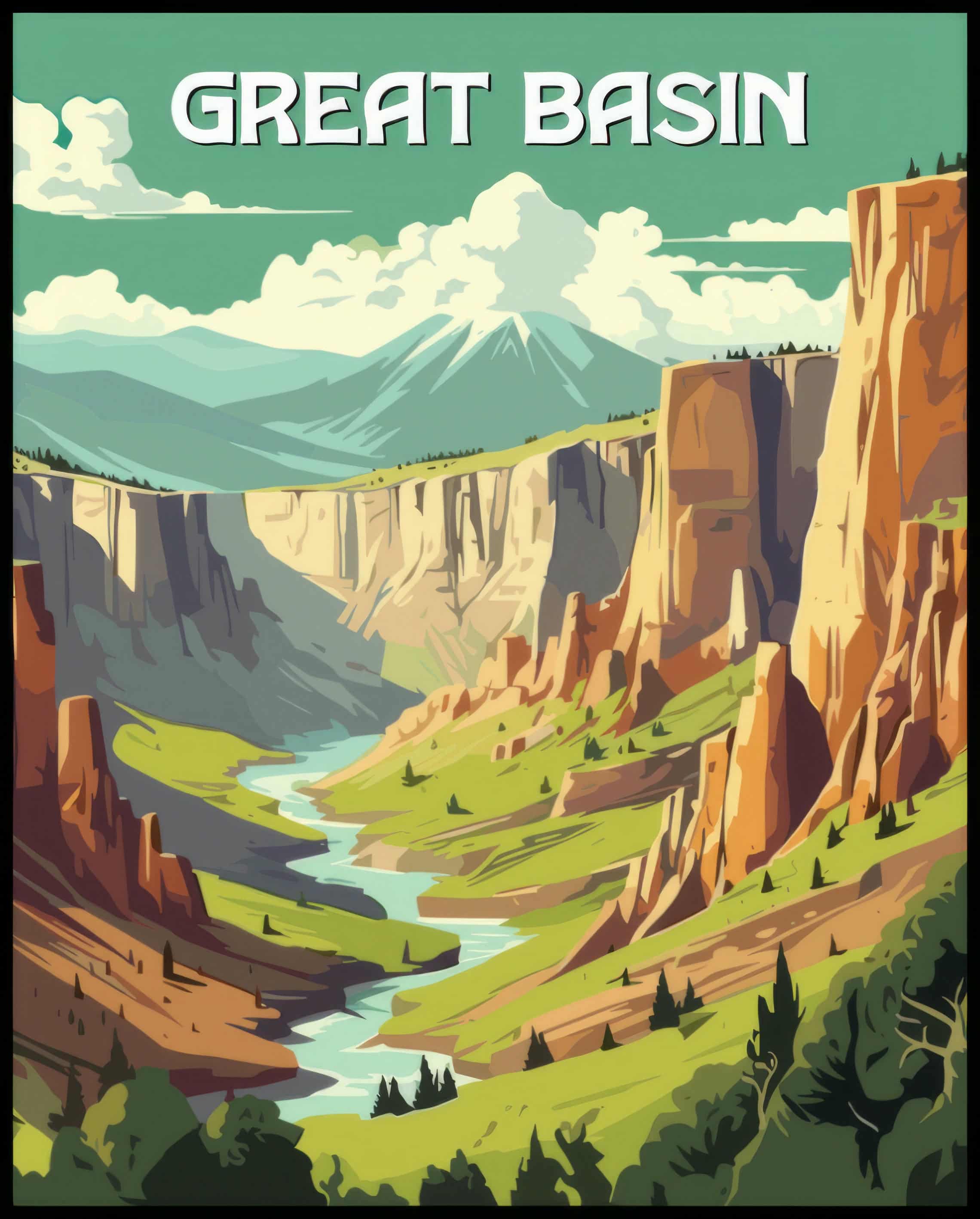 Ein Poster von Great Basin Nationalpark zeigt eine beeindruckende Schlucht mit einem Fluss, der sich durch die Landschaft windet.