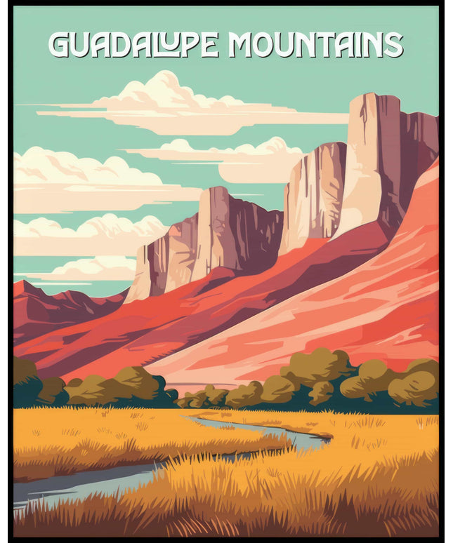 Ein Poster vom Guadalupe Mountains Nationalpark, das beeindruckende Felsen und eine weite Ebene im Vordergrund zeigt.