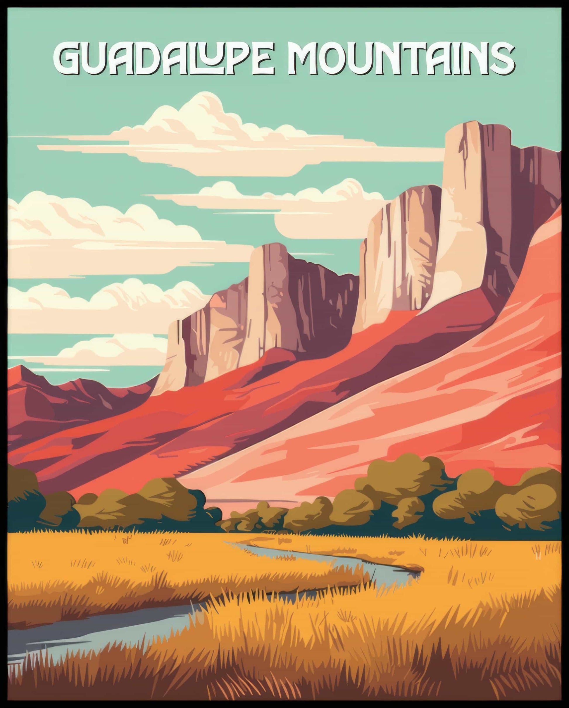 Ein Poster vom Guadalupe Mountains Nationalpark, das beeindruckende Felsen und eine weite Ebene im Vordergrund zeigt.