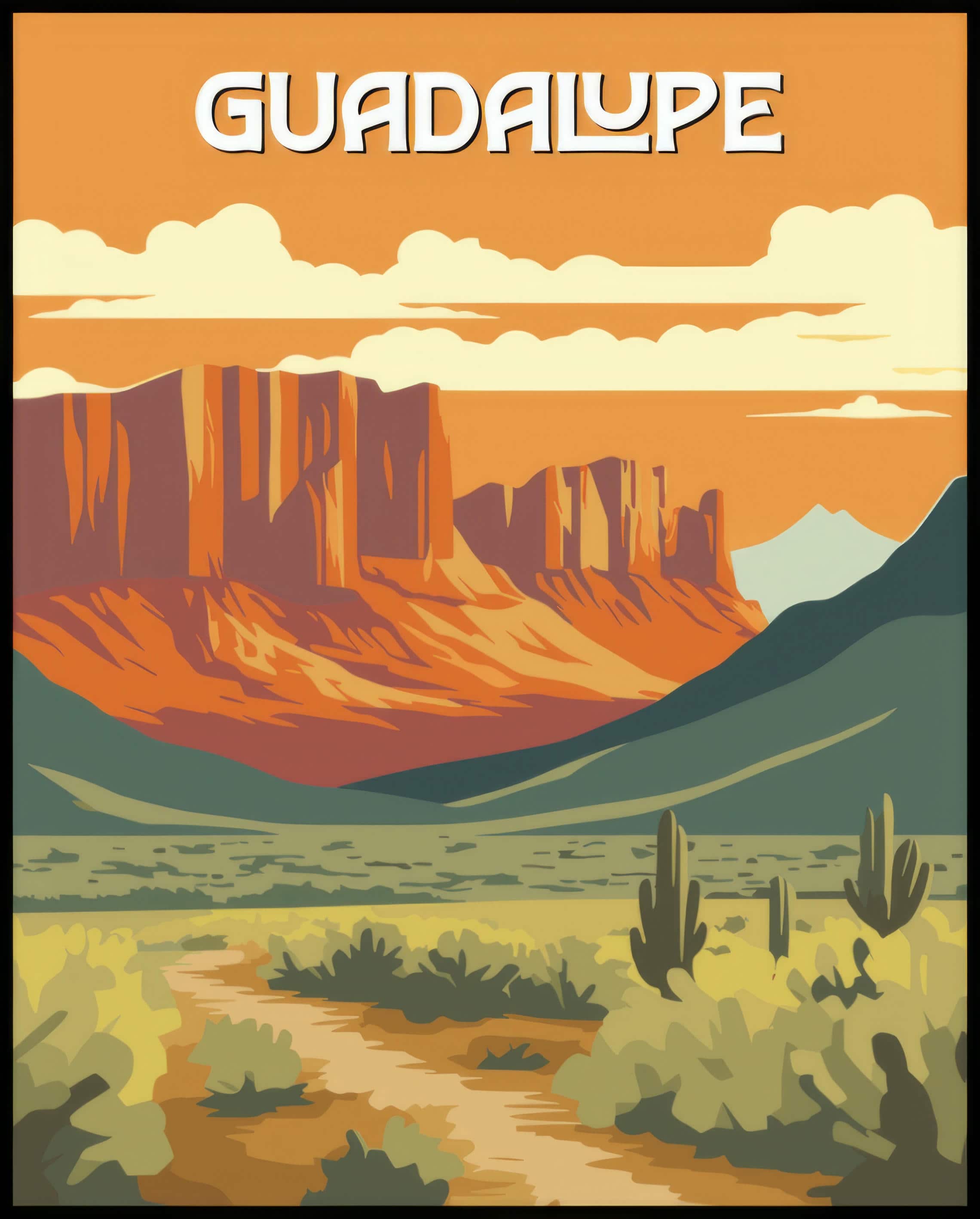 Ein Poster des Guadalupe Nationalparks, das eine beeindruckende Felsformation in einer weiten, trockenen Landschaft zeigt.