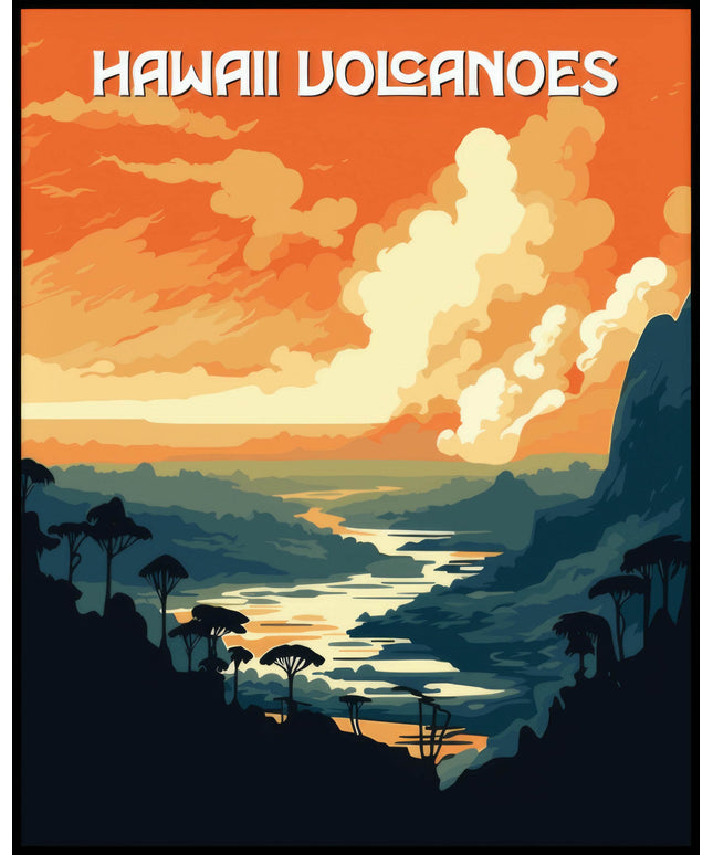 Ein Poster des Hawaii Volcanoes Nationalparks, das eine dramatische vulkanische Landschaft mit Rauch und Lava in leuchtenden Farben darstellt.