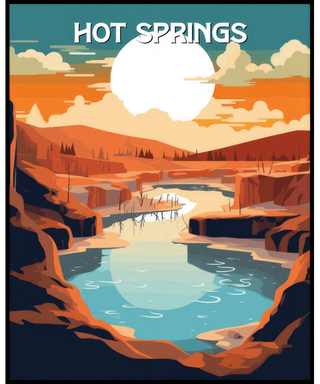 Ein Poster des Hot Springs Nationalparks, das eine heiße Quelle in einer weiten, hügeligen Landschaft bei Sonnenuntergang zeigt.