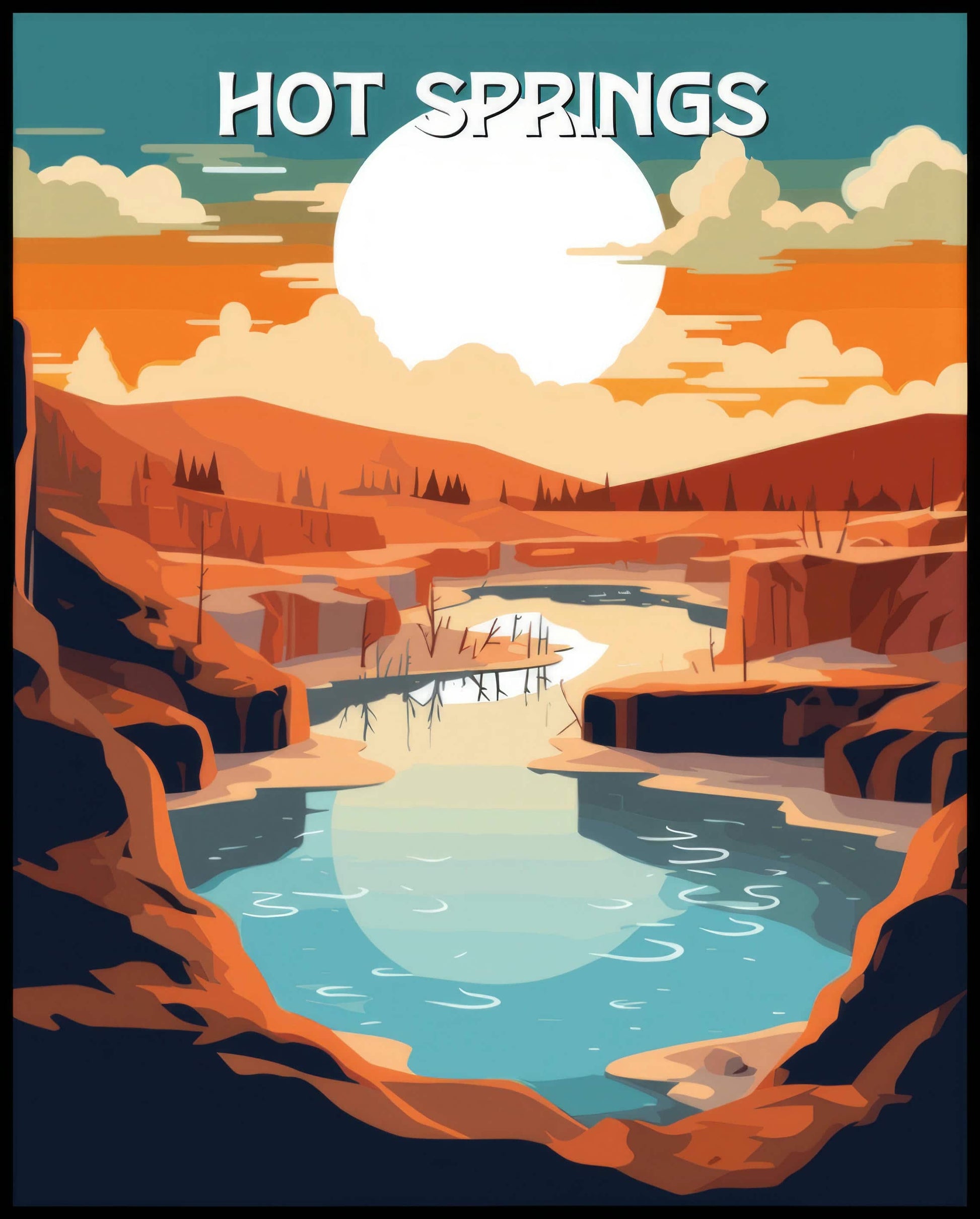 Ein Poster des Hot Springs Nationalparks, das eine heiße Quelle in einer weiten, hügeligen Landschaft bei Sonnenuntergang zeigt.